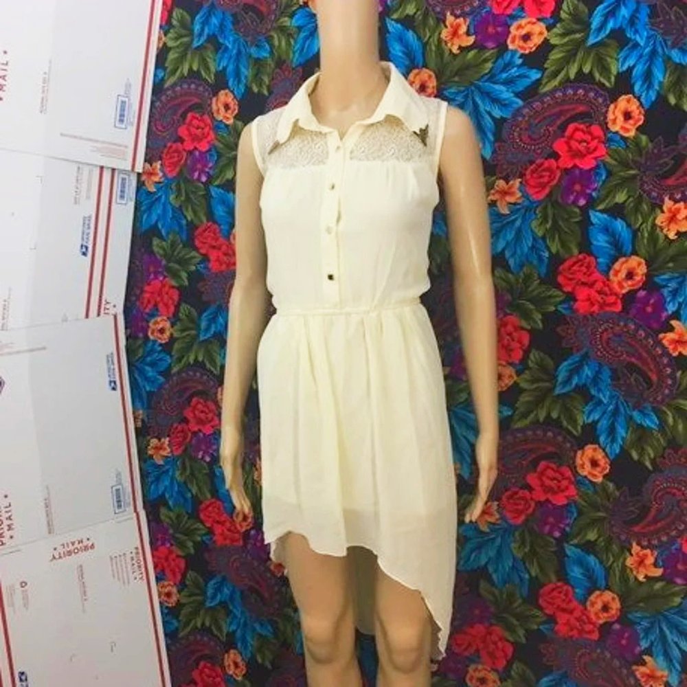 WOMEN'S LIGHT BEIGE CREME DRESS PRETTY BUTTON UP COLLAR MIDI DRESS LARGE